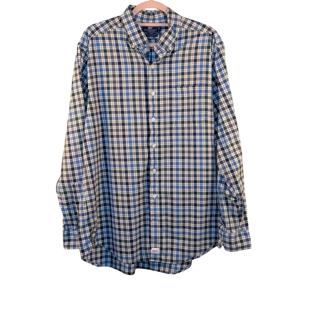 Vineyard Vines Mens Slim‎ Fit Murray Shirt L Blue Green Plaid Cotton Button Down
